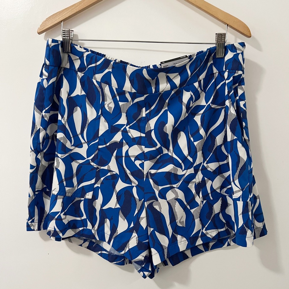 Nine West Womens XL Blue White Abstract Leaf Pull On Shorts